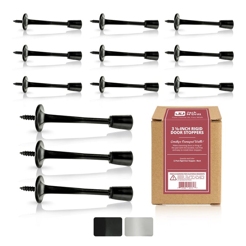 JD Jack N'Drill Jack NDrill (3 ?) Rigid Door Stop (12 Pack) - Rustproof Black Solid Door Stopper w/Durable Rubber Tips | Protects Walls & Doors from Damage | Great for Office & Home - Image 1